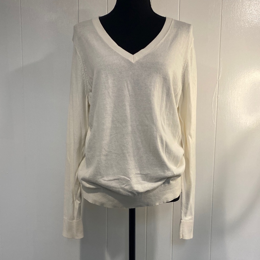 Preppy Classic Cotton Sweater Ivory Lightweight Knit Pullover V-Neck Layering XL
